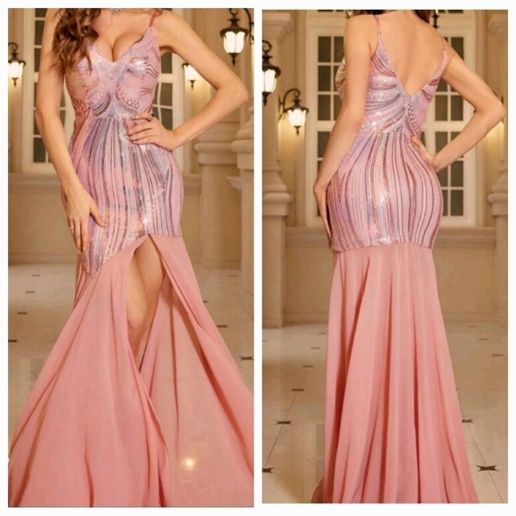 Pink, Slit Thigh, Spaghetti Straps, Cami, Contrast Sequined Mermaid Gown - Picture 1 of 16